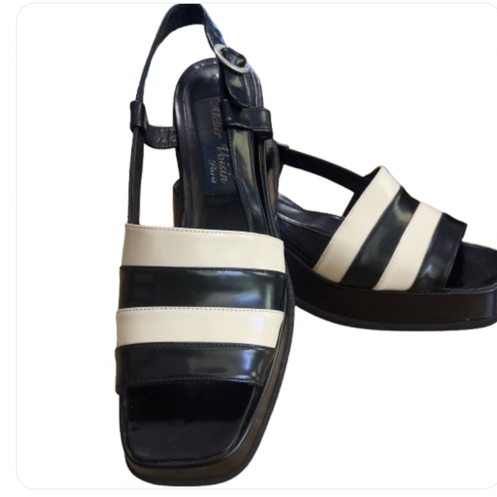 Atelier Voisin Paris Platform Sandals Black Shoes Leather Stripes Ankle Buckle 9
